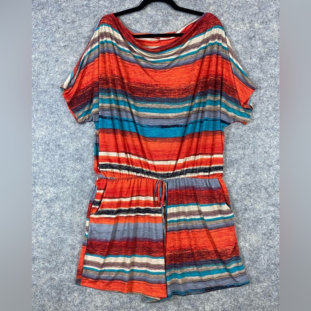 Hayzel‎ Striped Orange Blue Romper With Tie Waist Short Sleeve Pockets Size 2X